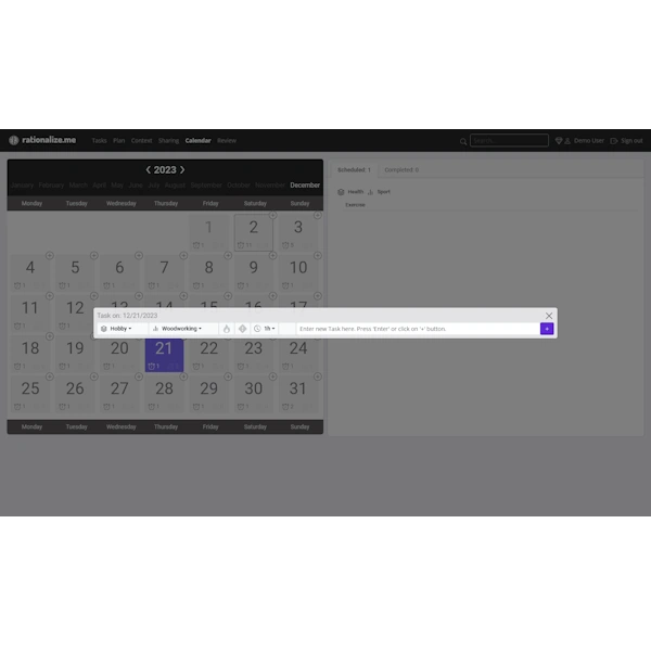 Application Screen: Add new task on the Calendar page on a desktop computer