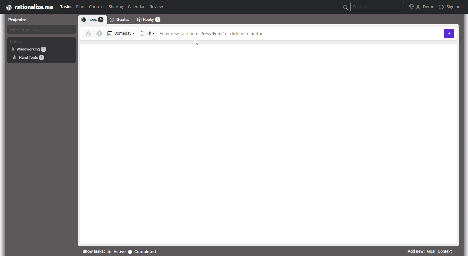 Add new task into Inbox and moving it into required project on a desktop computer