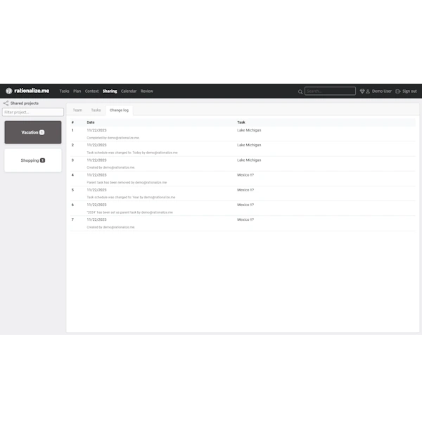 Application Screen: Change Log view on the Sharing page on a desktop computer