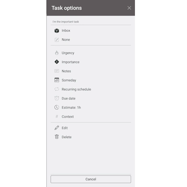 Application Screen: Task's context menu on a mobile phone