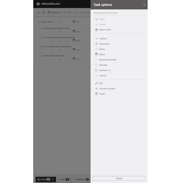 Application Screen: Task's context menu on a tablet device